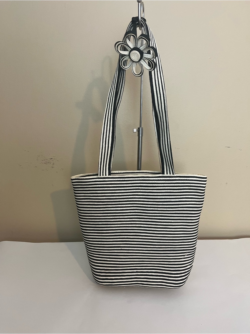Striped Black & White Canvas Tote Bag - Classic Everyday Shoulder Bag
